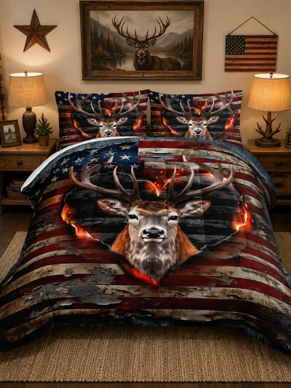 Deer Bedding Sets for Kids Boys Girls Room Decor,Hunting Themed American Flag Be